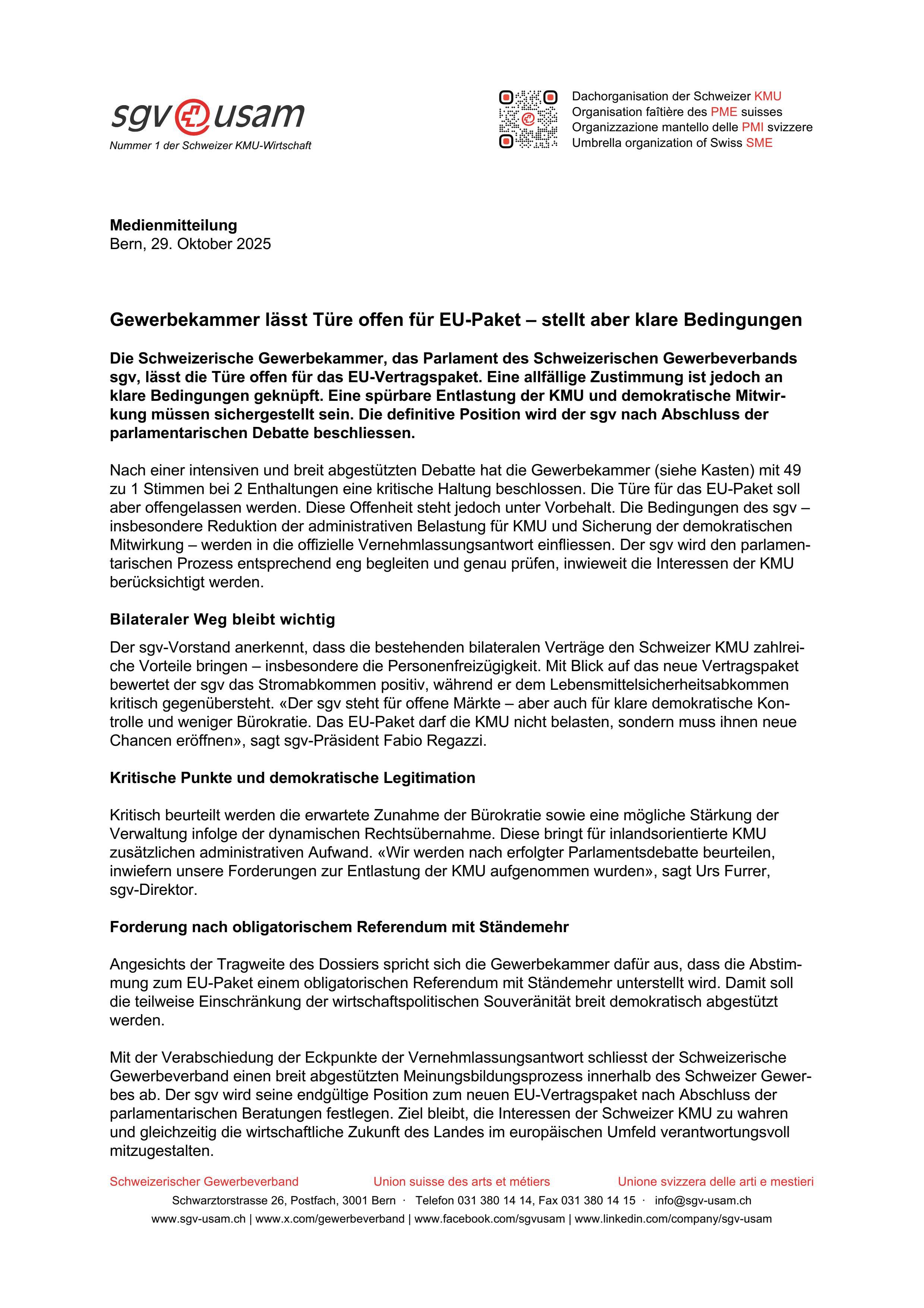 Gewerbekammer lässt Türe offen für EU-Paket – stellt aber klare Bedingungen