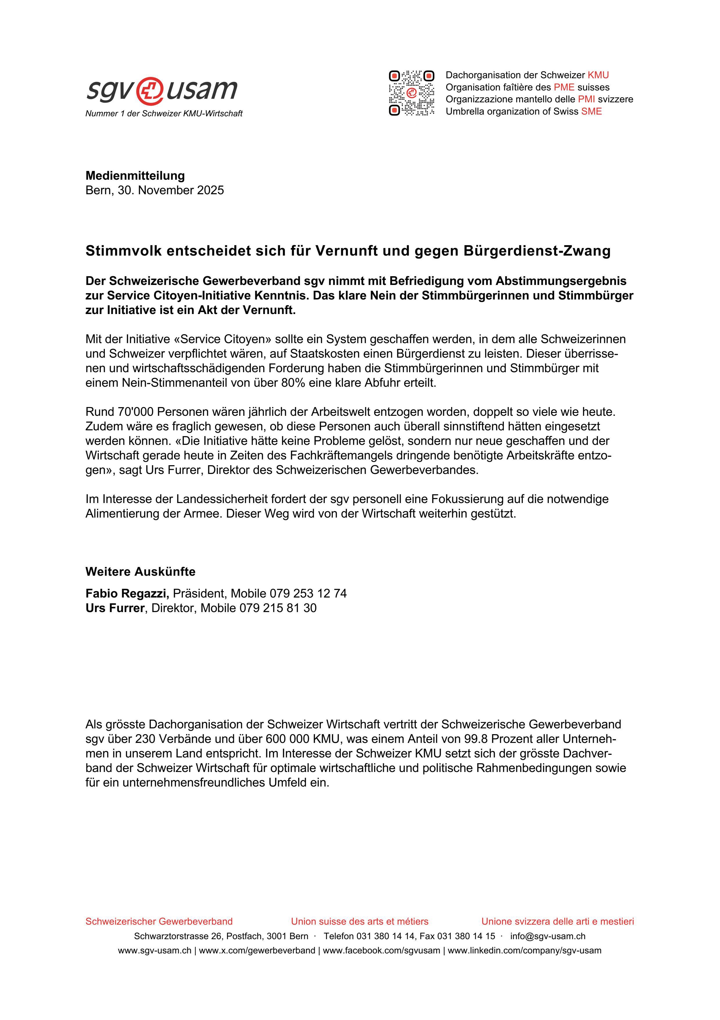 Stimmvolk entscheidet sich für Vernunft und gegen Bürgerdienst-Zwang